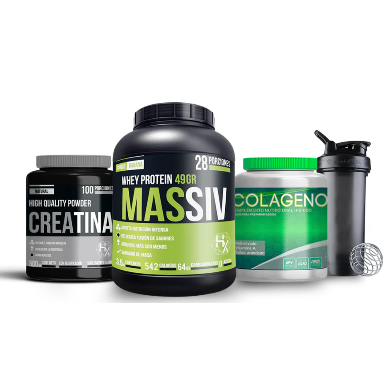 PACK VOLUMEN: Massiv 3,5kg + Creatina 500gr + Pre ultrain 300gr + Colágeno 600gr + Shaker